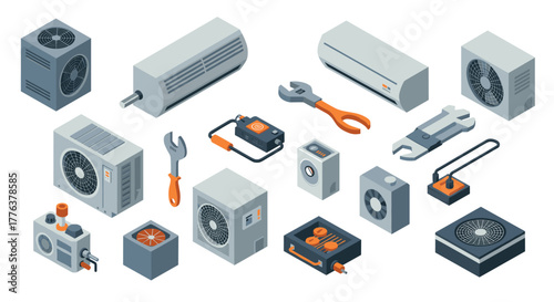 Isometric air conditioner and hvac tools set for maintenance and repair