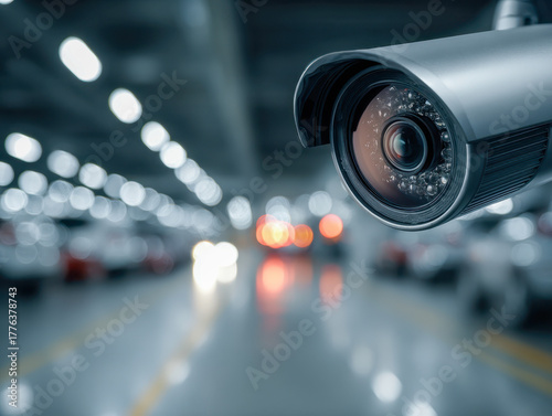 Surveillance camera monitoring a modern indoor parking garage with blurred lights and vehicles in the background for security and safety purposes