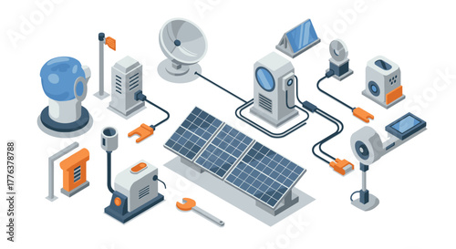 Isometric renewable energy equipment with solar panels and wind turbines