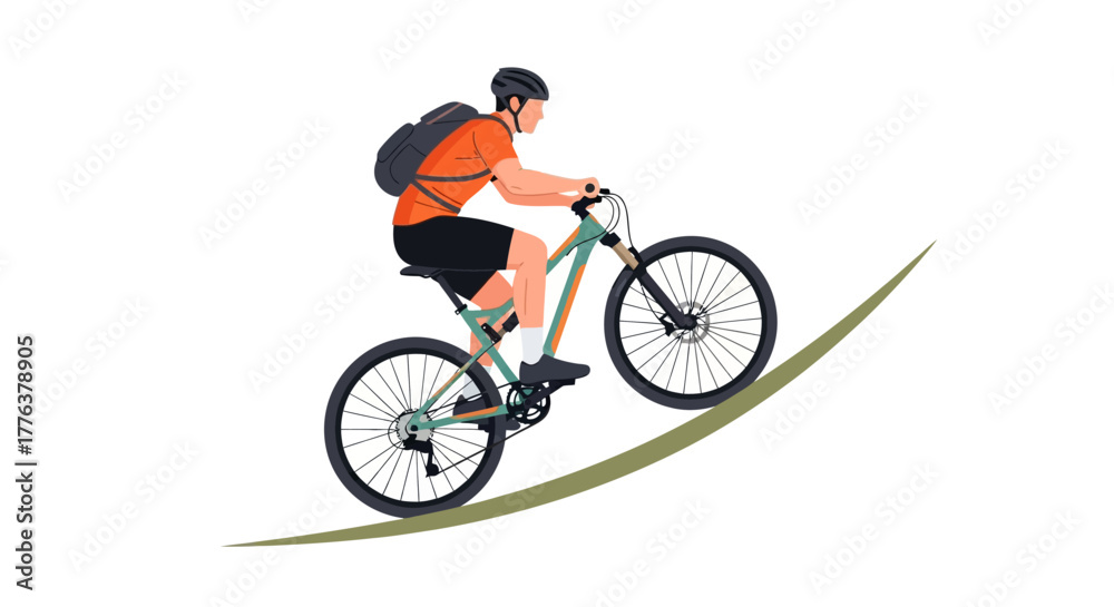 Fototapeta premium Man riding a mountain bike uphill on a grassy slope, adventure and outdoor activity