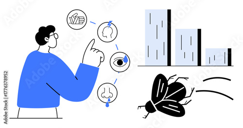 Person pointing at icons of five senses and reacting to a fly near bar charts representing data. Ideal for sensory perception, science, education, analysis, data, interaction, simple flat metaphor