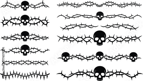 Black and white gothic decorative skull and barbed wire border design collection for tattoo, grunge art, punk or horror theme