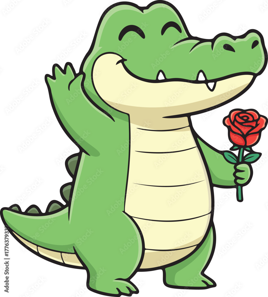 Fototapeta premium Cute Cartoon Crocodile with a Rose