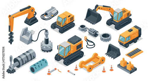 Construction equipment set with isometric excavators, trucks, and tools for building projects