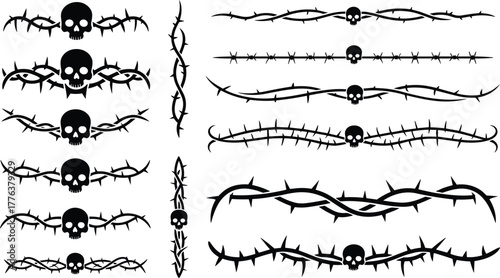 Black and white gothic decorative skull and barbed wire border design collection for tattoo, grunge art, punk or horror theme