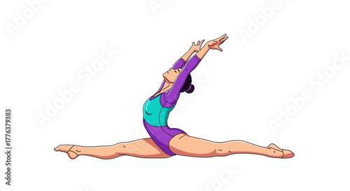 Graceful female gymnast performing an impressive full split, demonstrating remarkable flexibility and strength in a dynamic athletic pose