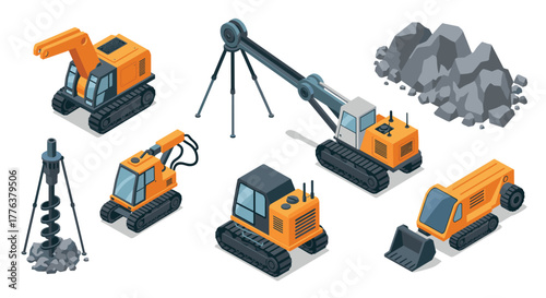 Construction equipment set: isometric excavators, drills, and loaders with rock piles