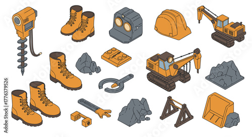 Construction equipment and tools isometric set with excavators, boots, helmets, and rocks