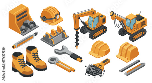 Isometric construction equipment set featuring machinery and tools in yellow and gray