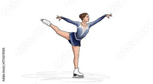 Elegant female figure skater in a blue costume striking a beautiful pose on the ice, embodying grace, precision, and athletic artistry in her performance