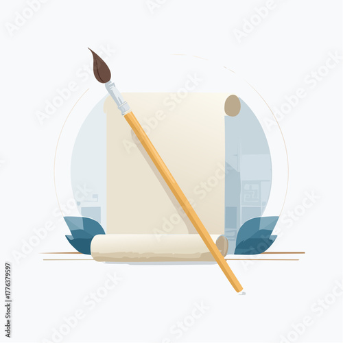 Artistic brush and blank scroll, symbolizing creativity, tradition, and the beginning of a new masterpiece waiting to be painted on a classic canvas