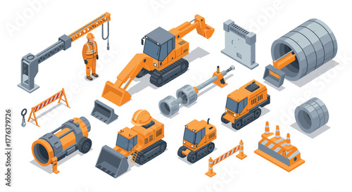 Isometric construction equipment set featuring excavators and heavy machinery