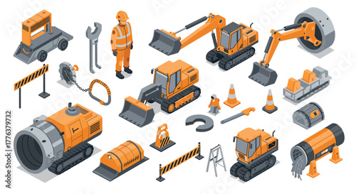 Isometric construction equipment icons set in vibrant orange and gray theme