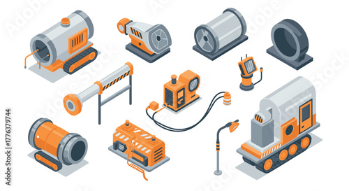 Isometric industrial machinery icons set with modern equipment and tools