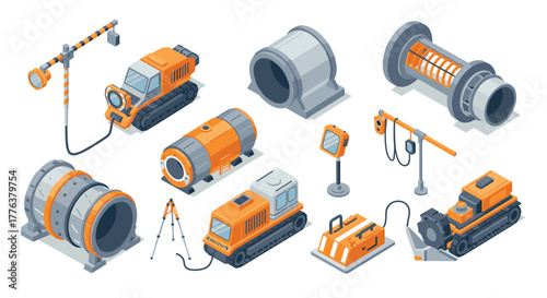 Industrial equipment isometric set with pipes and machinery in orange and gray