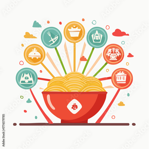 Delicious Bowl of Noodles Surrounded by Fun Icons Representing Asian Culture and Cuisine