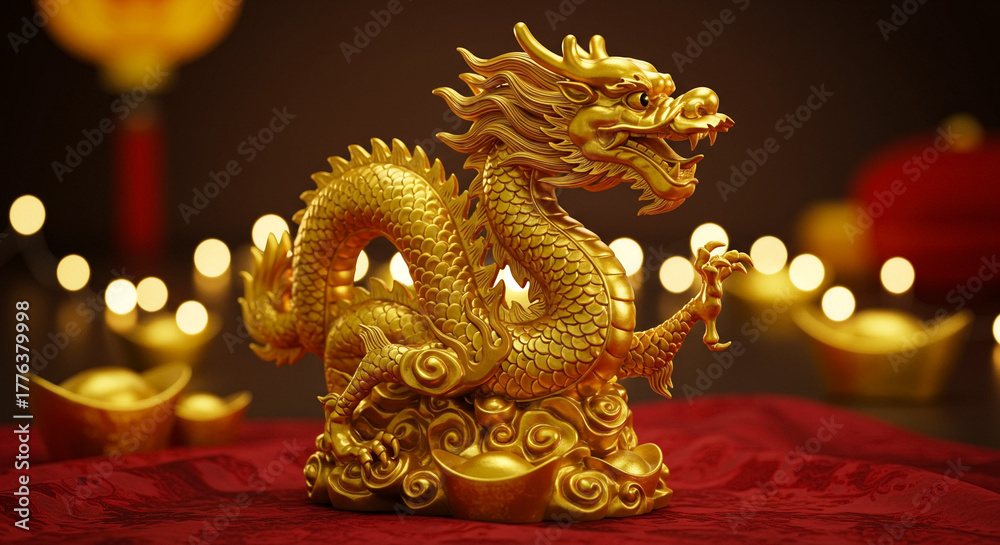 Obraz premium Golden dragon statue symbolizing prosperity on red fabric with festive lighting, cultural wealth representation