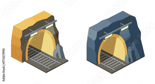 Isometric railway tunnels with bright arches and track details in two shades