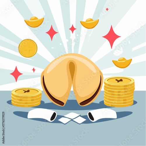 Lucky Fortune Cookie with Gold Coins and Sparkles, Symbolizing Wealth and Prosperity