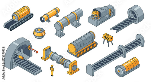 Isometric industrial machinery: conveyor belts and equipment in futuristic factory design