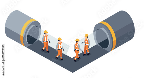 Construction workers walking through giant pipes in isometric design