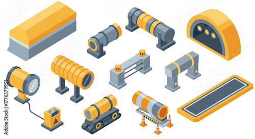 Isometric industrial elements set with futuristic yellow and gray machines