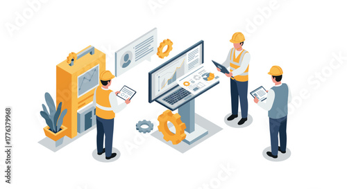 Construction team analyzing data with digital devices in isometric workplace setting