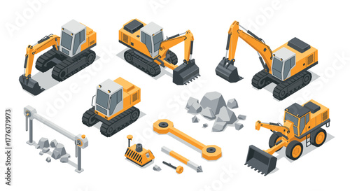 Isometric construction equipment set with excavators and bulldozers