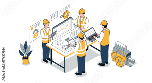 Construction engineers analyzing project data in modern isometric office setting