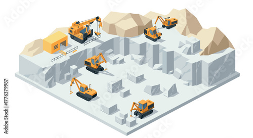 Isometric quarry scene with construction equipment in action