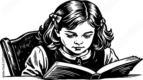 Very beautiful close-up portrait illustration of a cute little girl sitting at a desk and reading a book with a calm, focused expression, capturing innocence and concentration.