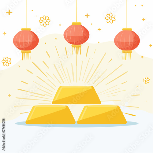 A festive illustration of gleaming gold bars and red Chinese lanterns symbolizing wealth, prosperity, and good fortune for a holiday celebration