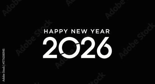 Happy New Year 2026 text in white color on a black background.