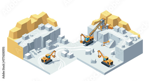 Isometric construction site with heavy machinery in quarry