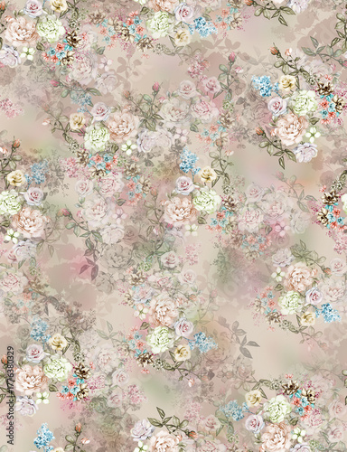 Seamless floral rose peony allover pattern with airy bouquets on warm beige taupe background

