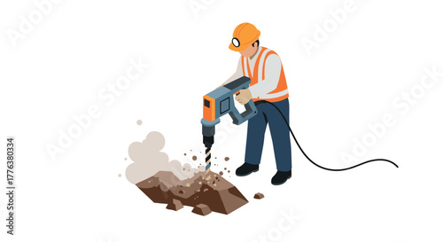 Construction worker operating jackhammer in safety gear