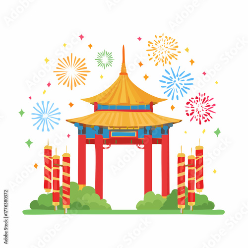 Festive Chinese Gate with Fireworks and Decorations - Celebrating Culture and Celebration