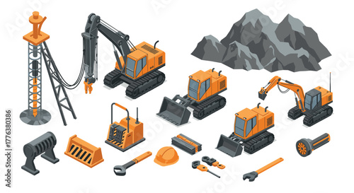 Construction equipment set with excavators, bulldozers, and tools in isometric style