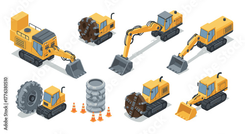 Isometric heavy construction machines set with bulldozers and excavators