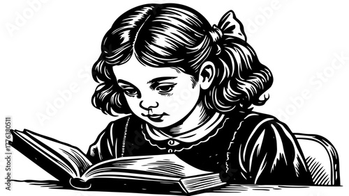 Very beautiful close-up portrait illustration of a cute little girl sitting at a desk and reading a book with a calm, focused expression, capturing innocence and concentration.