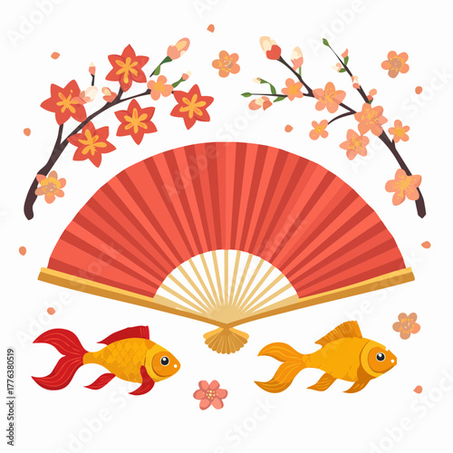 An elegant Asian-inspired illustration featuring a traditional red folding fan, two lucky goldfish, and blooming cherry blossom branches, symbolizing prosperity and spring