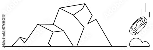 Cracked mountain-thumbs up rock, falling coin, and small cloud suggest themes of risk, value, fragility. Ideal for finance, investment, change, challenge opportunity crisis nature concepts
