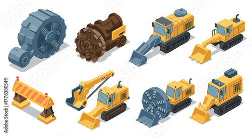 Isometric construction machinery set with diggers and barriers