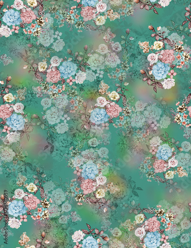 Seamless floral rose peony allover pattern with romantic bouquets on lush teal aqua background
