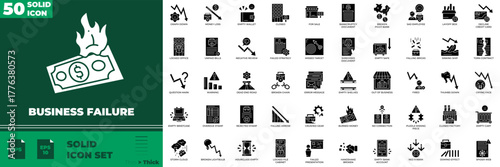 Business Failure Solid Editable Icons set. Vector illustration in modern thin solid style of business failure icons: bankruptcy, recession, deficit, etc