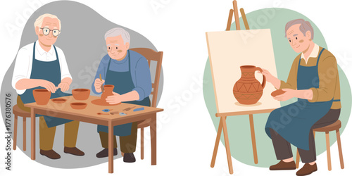 Elderly men creating pottery and painting ceramic vase in art studio workshop, senior artists practicing creative craftsmanship and handmade pottery design