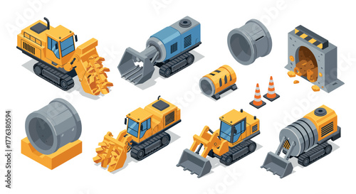 Isometric construction equipment set with bulldozers, drills, and barriers