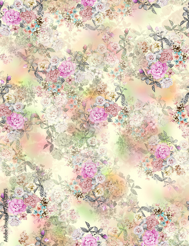 Seamless floral rose peony allover pattern with romantic bouquets on soft cream pastel background

