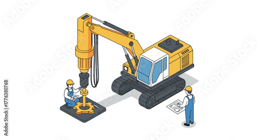 Isometric construction equipment with workers and drill machine