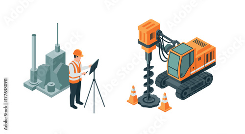 Isometric construction scene with surveyor and drilling vehicle equipment
